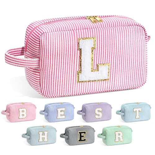 YOOLIFE Initial Makeup Bag for Women - Cute Pink Toiletry Bags Cosmetic Pouch for Teen Girls, Personalized Birthday Gifts for Women Friends Sister Daughter, Letter L