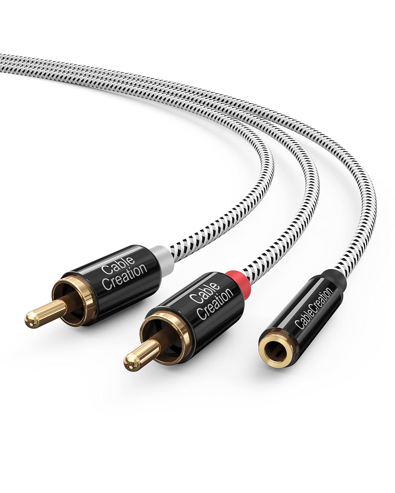 CableCreation 3.5mm to RCA Cable, 3.5mm Female to 2RCA Male Stereo Audio Cable Gold Plated for TV,Smartphones, MP3, Tablets, Speakers,Home Theater,Black and White, 3FT/1M