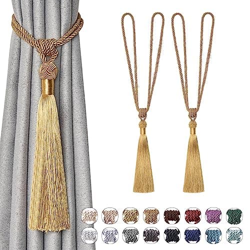 NICEEC 2 Pack Long Tassel Curtain Tiebacks Handmade Braided Rope Knot Drape Tie Backs European Style Decorative Curtain Holdbacks for Home & Office Window Drapery (Bronze)