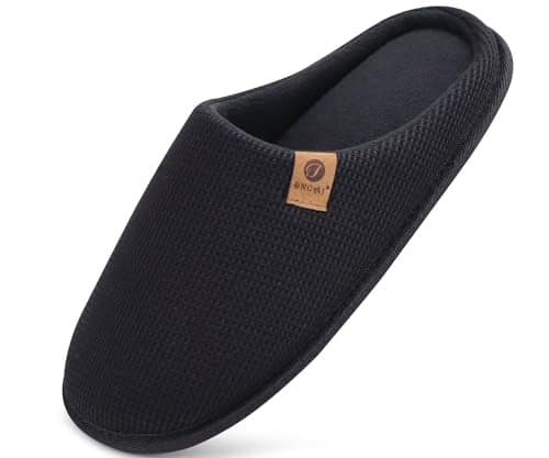 ONCAI Mens Slippers with Cushion Memory Foam CottonBlend HighDensity Warm House Slippers for man 2026 Slipon Indoor Outdoor Comfortable Best House Shoes Rubber Sole Black Size 9 US