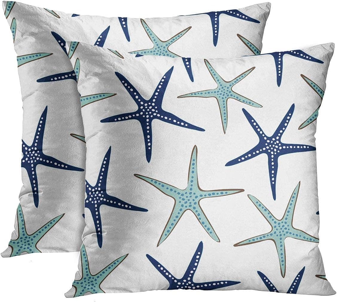 Emvency Set of 2 Throw Pillow Covers Beach Ocean Coastal Green and Blue Starfish Decorative Pillow Cases Home Decor Standard Square 20x20 Inches Summer White Pillowcases