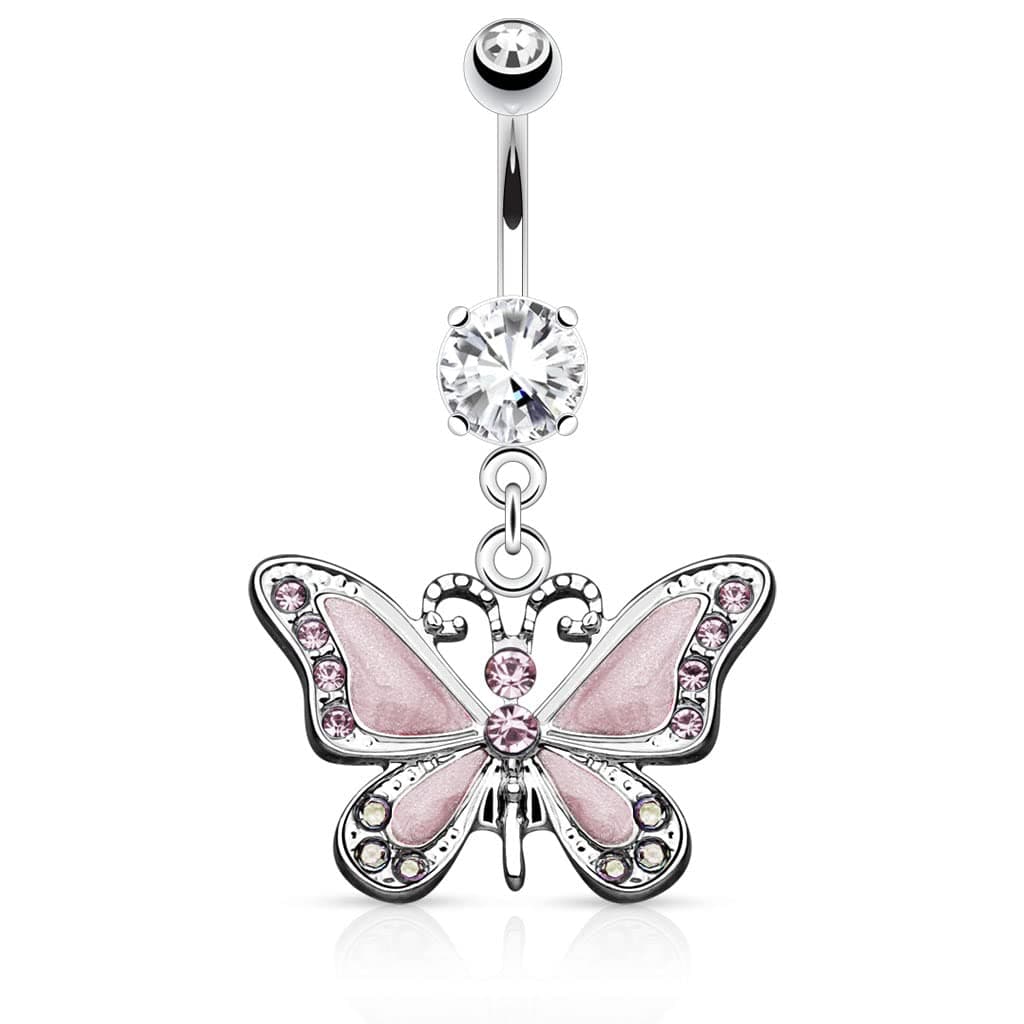 Pierced Owl 14GA Stainless Steel CZ Crystal Butterfly Dangling Belly Button Ring (Pink)