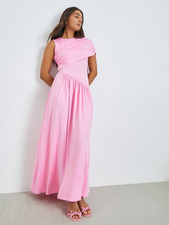 Pink Irregular Shawl Sleeve A-Line Maxi Dress