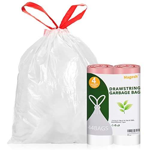 Drawstring Small Trash Bags, Magesh 4 Gallon Drawstring Extra Thick Garbage Bags Unscented, Quick Cinch for Bathroom Kitchen Office Small Can, 44 Count, White