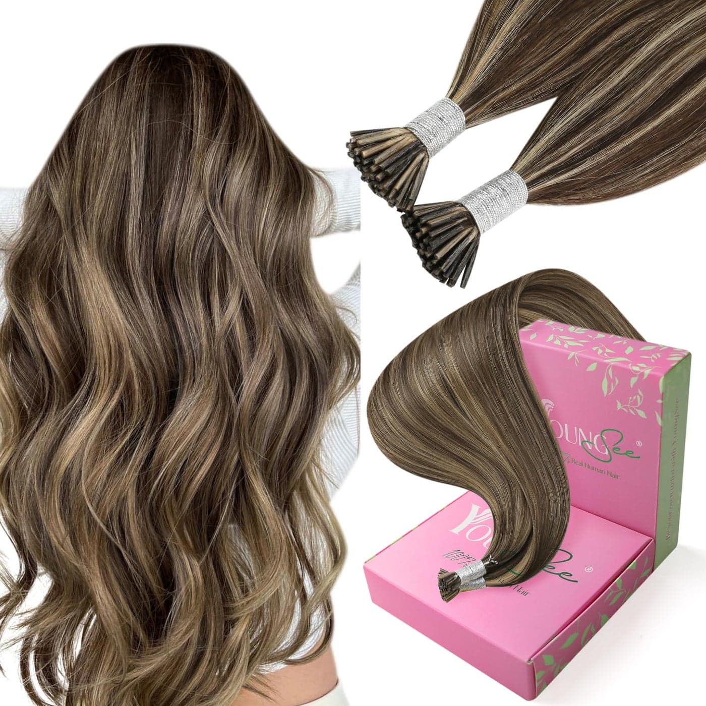 YoungSee I Tip Hair Extensions Highlight I Tips Hair Extensions Real Human Hair Dark Brown Highlights Blonde Tip Hair Extension Real Human Hair for All Styles 16In 50g 80s Pre Bonded Hair Extension