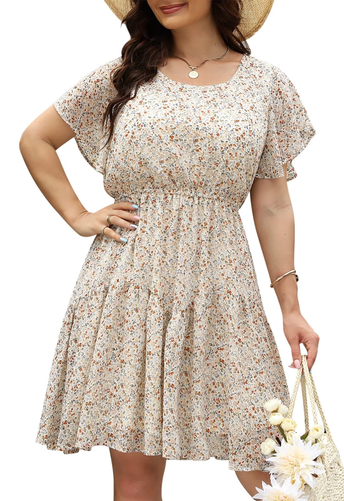 Nemidor Plus Size Summer Dresses for Curvy Women Casual Boho Midi Chiffon Print Floral Dress with Ruffle Sleeve 142629714Beige Print