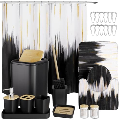 XLHOMO Black Bathroom Accessories Set - 24PCS Bathroom Sets with Shower Curtain and Rugs,Waterproof Black and White Shower Curtain Set, Toilet Brush, Trash Can & Soap Dispenser