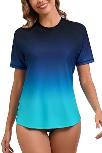 Halcurt Women's Short Sleeve Rash Guard Swimsuit Top with Built in Bra Swim Shirt UPF50+ Quick Dry Bathing Suit Ombre Blue M