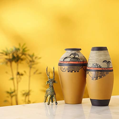 ARTYSTA BEAUTIFYING LIVES Earthenware 'Madhubani Jungle' | Yellow Hand-Painted Terracotta Oblong Flower Vase | Terracotta Decor for Home & Office | Eco- Friendly Vases Pots for Gifts (Set of 2)