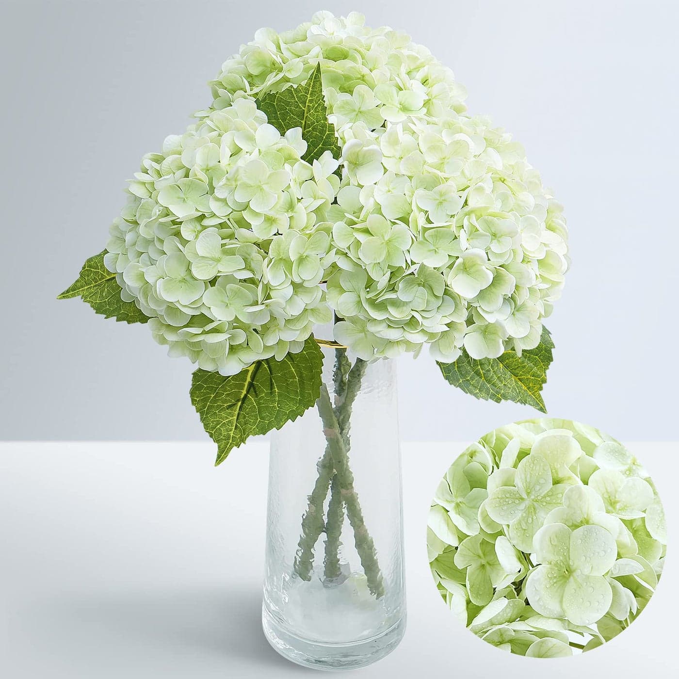 Waipfaru 21 Real Touch Hydrangea Artificial Flowers with Long Stem Leaves Full Latex Faux Hydrangea Flowers for Home Decor Party Floral Arrangements Wedding Bouquets Centerpieces Green 3Pcs