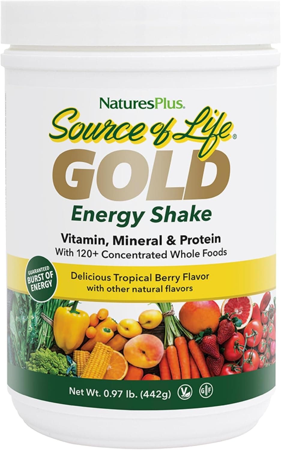 Natures Plus Source of Life Gold Energy Shake 097 lb Tropical Berry Flavor Vitamin Mineral Protein Formula with 120 Concentrated Whole Foods Vegetarian Gluten Free 13 Servings