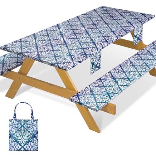 memKiya Fitted Waterproof Picnic Table Cover with Bench Covers Elastic Reusable Camping Table Cloths for 6Ft Rectangle Tables Summer Camp Motorhome Party Gear Outdoors Car Travel Trailer Gadgets Gift