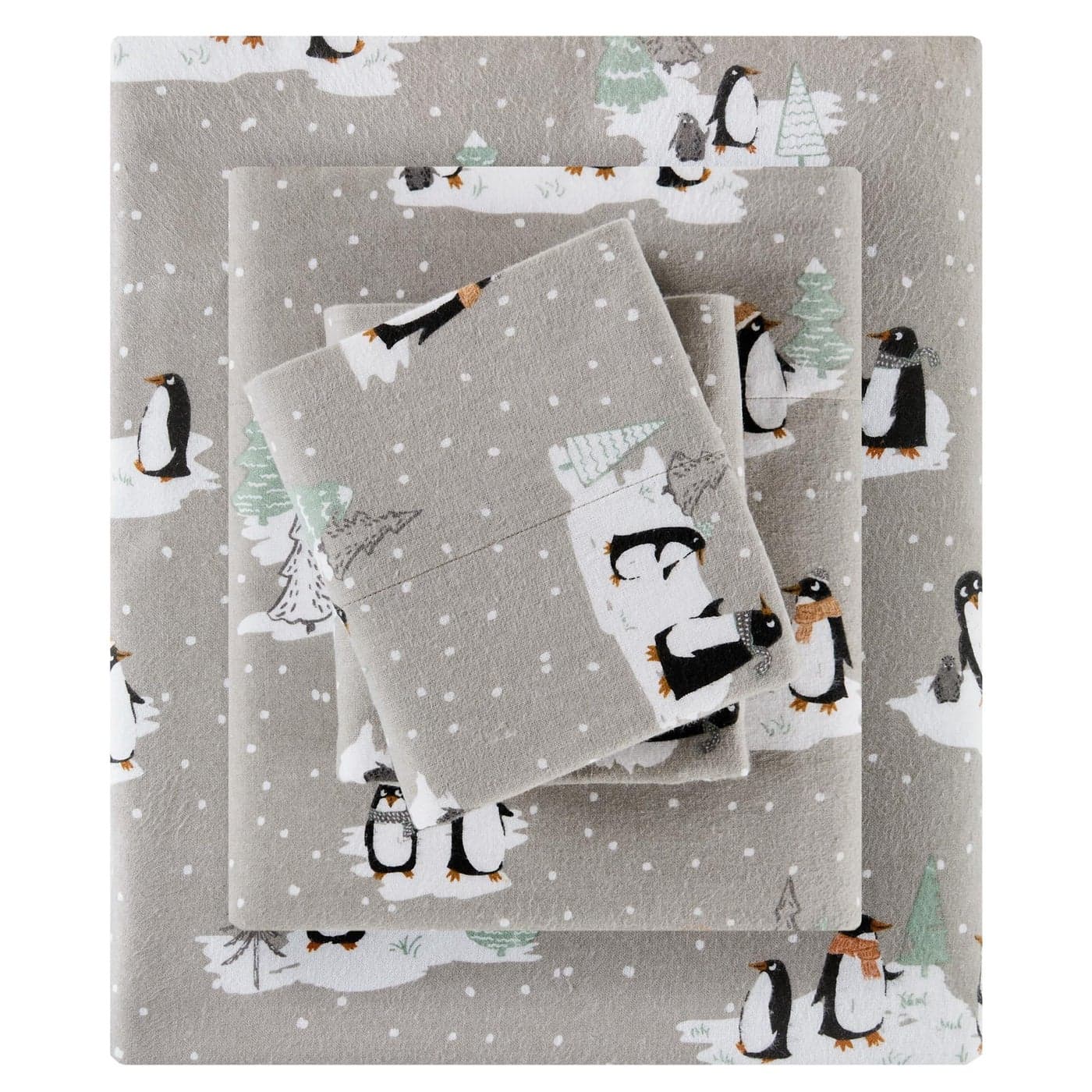 True North by Sleep Philosophy Cozy Flannel Warm 100 Cotton Sheet Novelty Print Animals Stars Cute Ultra Soft Cold Weather Bedding Set Queen Grey Penguins