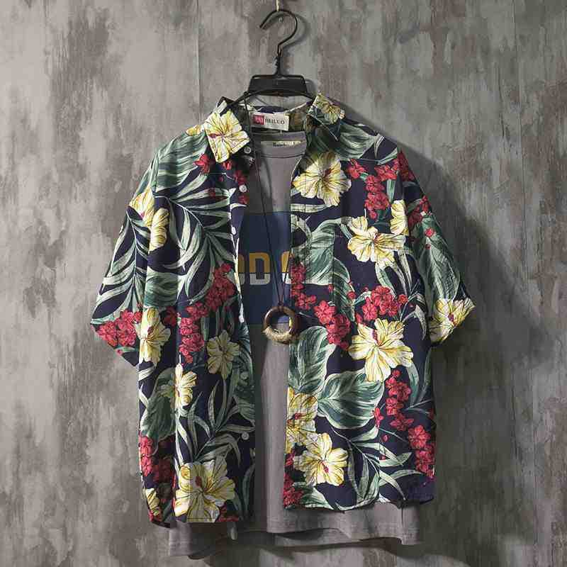 Japanese-Style Ins Hong Kong Style Summer Short-Sleeve Floral Shirt For Men And Women, Retro Cool Hawaiian Beach Couple Loose Shirt