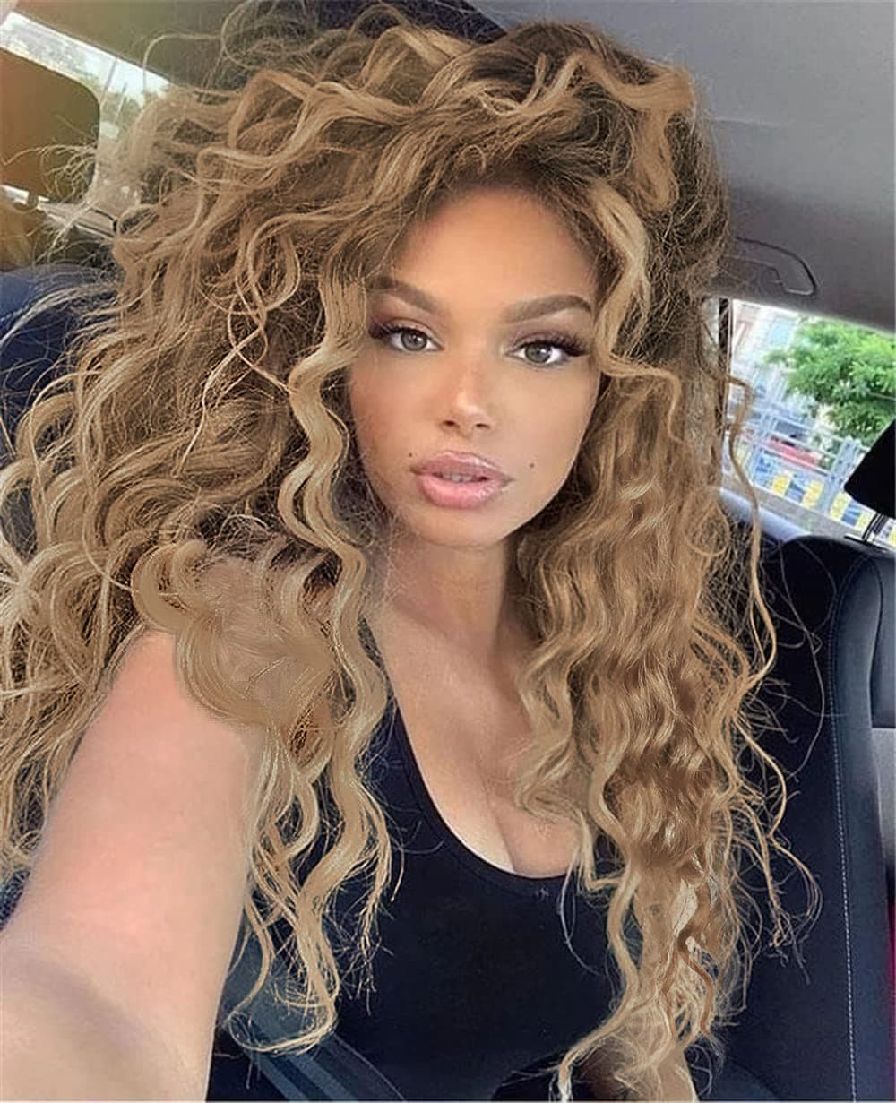 GNIMEGIL Natural Ombre Light Brown Curly Wig Long Wavy Wigs for Women Wave Hair Free Part Synthetic Daily Party Cosplay Costume Halloween Wig