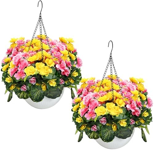 Tobilu Set of 2 Artificial Flowers with Hanging Baskets, Pre-Assembled Silk Fake Flower Large Look Real UV Resistant for Outdoor Indoor Balcony Garden Porch Yard Home Decor, Yellow Pink