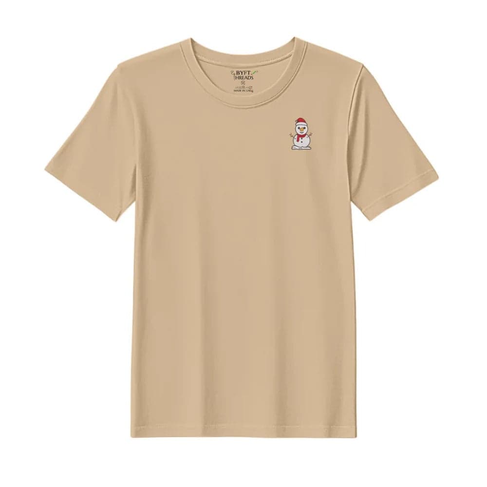 Threads Medium Beige Polycotton T-Shirt - Christmas "Classic Snowman with Red Scarf" Embroidered Design, Premium Holiday Collection