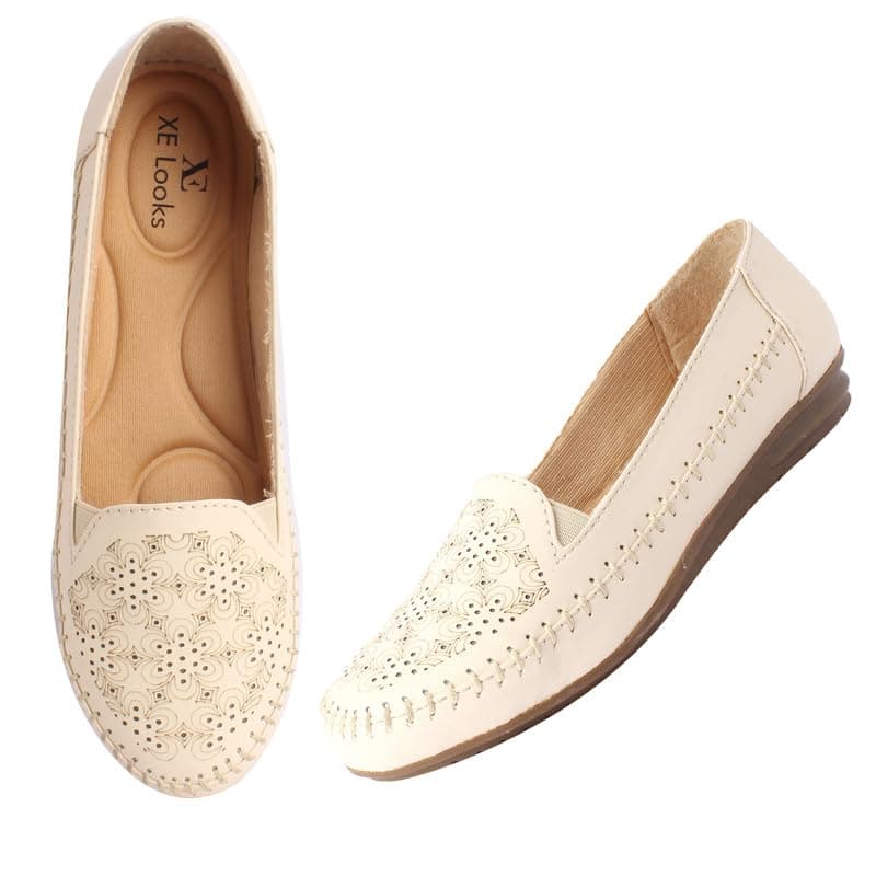 XE Looks Women's Cream Laser Cut Floral Slip-On Loafers | Trendy and Stylish | Soft Faux Leather with Elastic Band for Easy Wear Loafers For Girls & Women UK-8