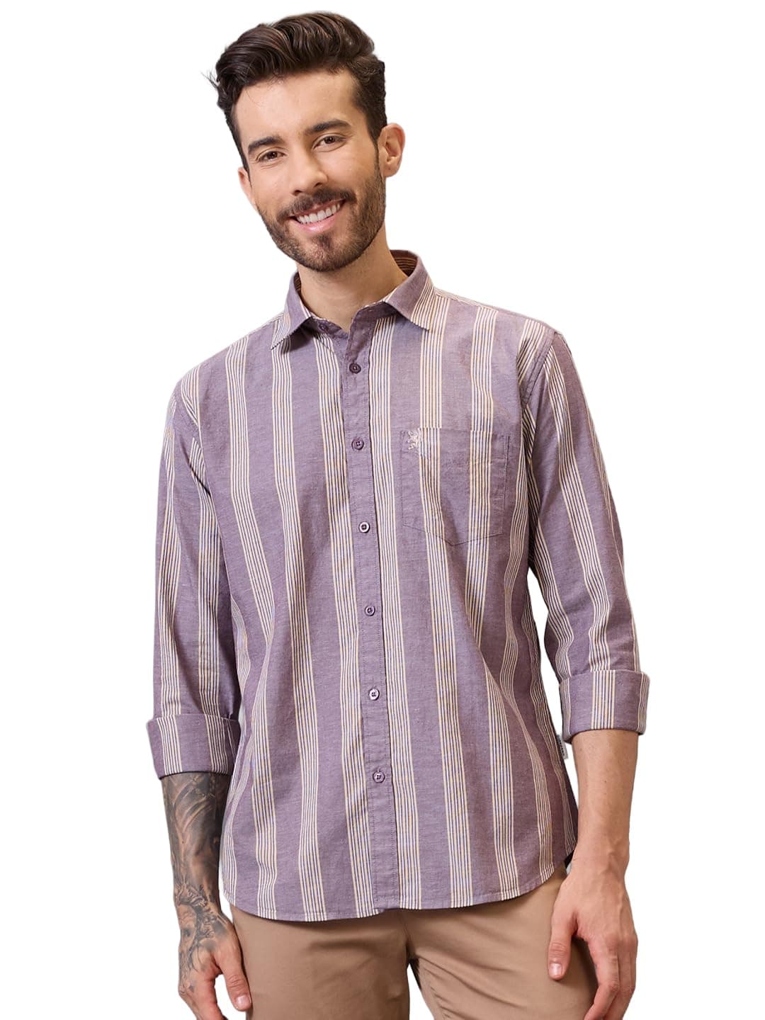 Giordano Men Brown Cotton Regular Fit Striped Shirt