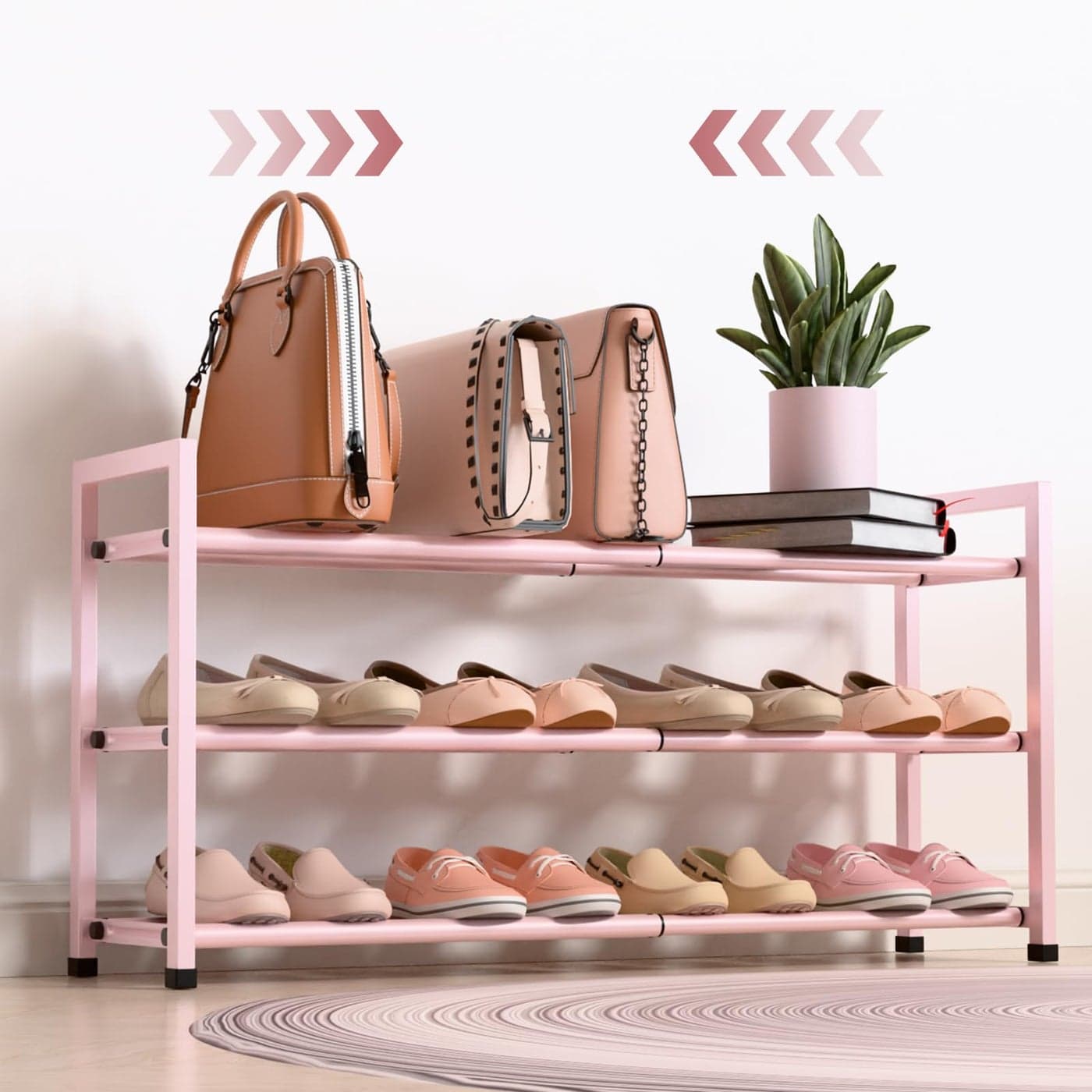 Bumusty 3Tier Expandable Shoe Rack for Closet 1833 Adjustable Shoe Rack for Small Space Small Shoe Organizer for Front Door Sturdy Metal Pink