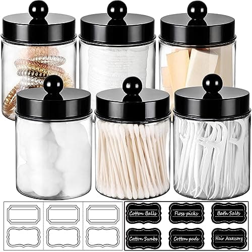 Amolliar Apothecary Jars Bathroom Vanity Storage Organizer Set -Countertop Canister Plastic Acrylic Jar - Farmhouse Decor Qtip Holder for Cotton Swabs,Makeup Sponges,Flossers,Paper Clips-Black (6)