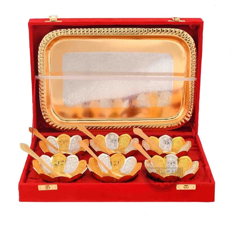 Piepot German Silver Bowl Set | Floral Shape | 6 Bowl, 6 Spoons,1Tray | Gold-Silver Plated Red Velvet Box| Decorative Bowl and Spoon Set | Ideal for Diwali, Wedding & Corporate Gifting
