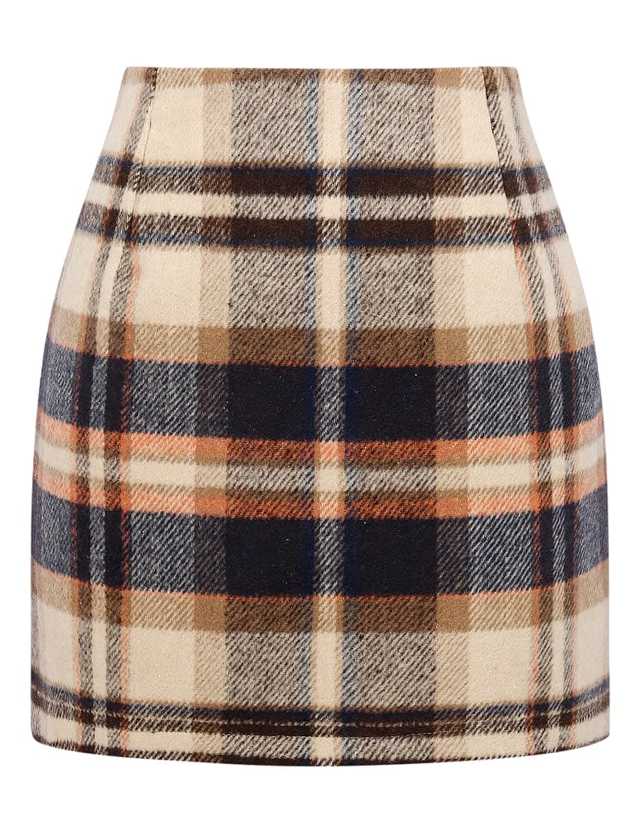 Plaid Skirts for Women Fall Winter 2023 High Waist Bodycon Pencil Wool Mini Skirt(Brown 01, M)