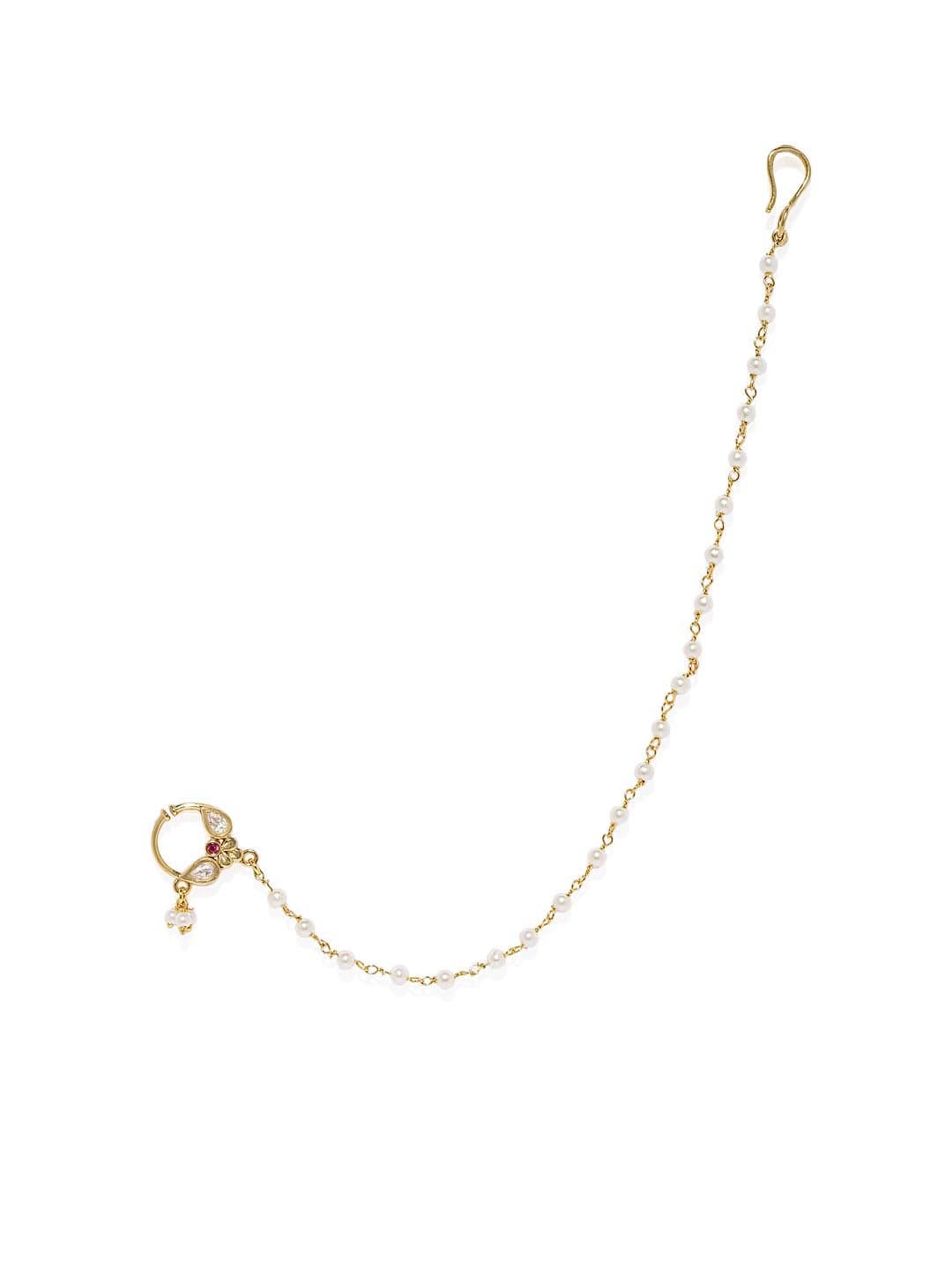 ACCESSHER Gold Plated Traditional and Ethnic Ruby Kundan Embellished Delicate Clip On/Non-Piercing Nose Ring/Nathani with Pearl Chain for Women, 30g (Pack of 1)