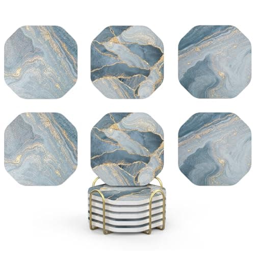 UMIRRO Ceramic Stone Coasters for Drinks Absorbent with Holder for Wooden Coffee Table, Stoneware Cup Coasters for Iced Cold or Hot Drinks, Navy Blue Marble Style, Gold, 4" Set of 6