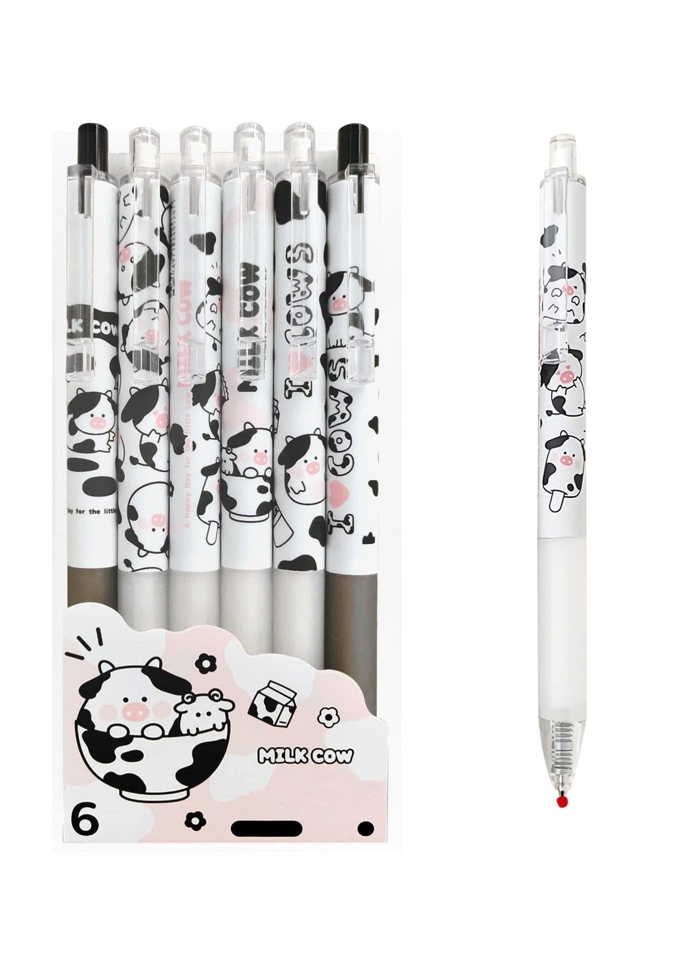 Cute Pens Kawaii 0.5mm Black Ink Gel Fine Point Smooth Writing Ballpoint for Office School Supplies Nice Fun Gifts Kids Girls Women Journaling, Pack of 6pcs (Little Milky Cow)