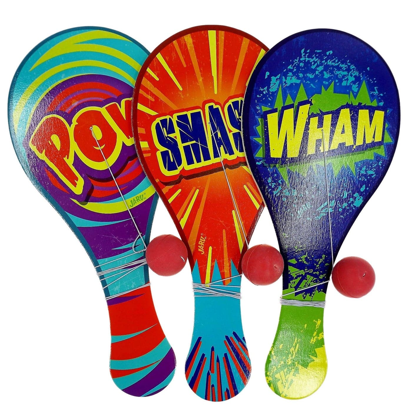 JA-RU Wooden-Paddle Ball with String (Pack of 3) Vintage Retro Toys Paddle Ball Set | for Kids, Boy and Girl Toy | Indoor, Outdoor Set Games | Party Favors Birthday. Plus 1 Bouncy Ball | 751-3p