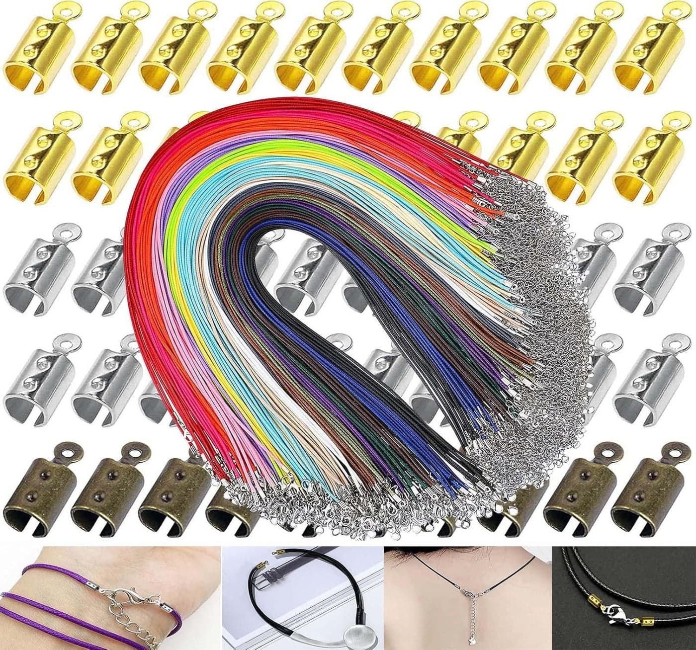 DIY Crafts (200 Pcs, Antique Silver) 5x Necklace Sample & Fold Over Ends Cord End Caps Tips Crimps Cord Ends Leather Ribbon Clamp Clasp Fold Over Cord Ends for Jewelry Making,Necklace Cord, DIY Work