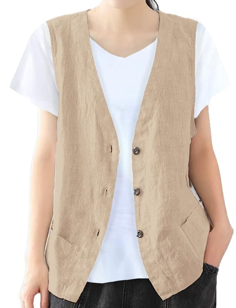 IDEALSANXUN Khaki Blazer Women Sleeveless Blazers Cotton Linen Vests for Women Fashion Dressy Casual Lightweight Jacket Waistcoat Vest(Khaki, M)
