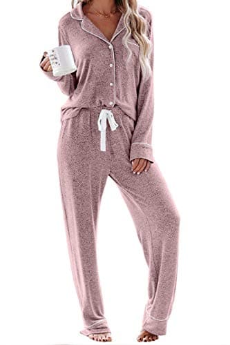 Aamikast Women's Two-piece Classic knit Pajama Sets Long Sleeve Button Down Sleepwear (XL, Pink)