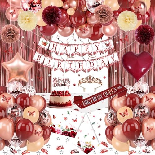 Burgundy Rose Gold Birthday Decorations with Happy Birthday Banner Balloons Sash Crown Butterfly Hanging Swirls Flower Tablecloth Fringe Curtain Pompoms for Women Girls Party Backdrop Supplies