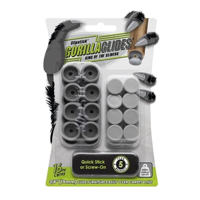 GorillaGlides CB193 34 Inch Chair GlidesFurniture Feet Floor Protectors Set of 16 Sliders SelfAdhesive ScrewOn Glides for Sliding on Hard Surface Flooring and LowPile Carpet Round