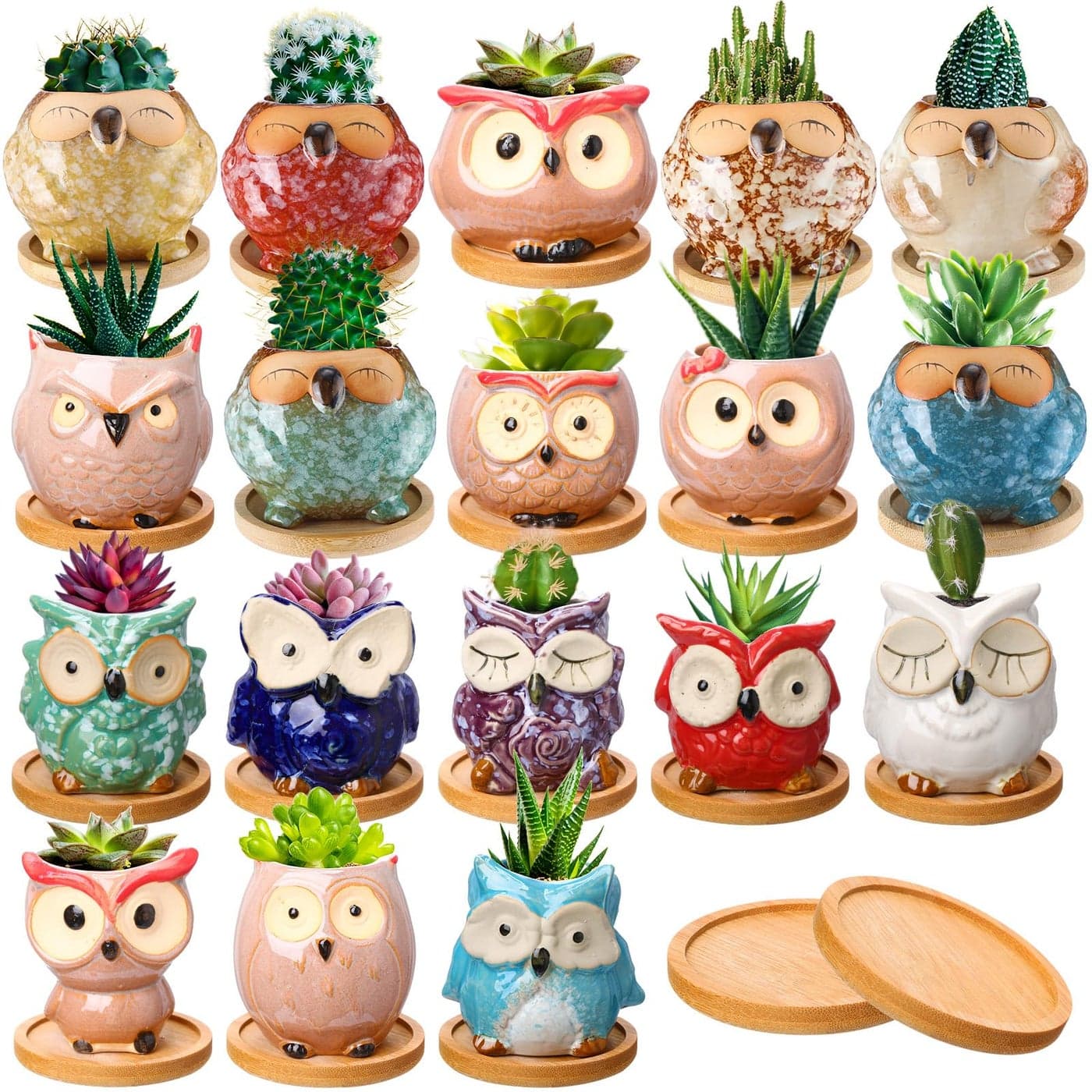 Cindeer 18 Pcs 25 Inch Owl Ceramic Succulent Planter Pots Mini Small Ceramic Pots with Drainage Hole and Bamboo Tray for Succulents Glaze Cactus for Home Garden Office Desk Decoration Gift Ideas