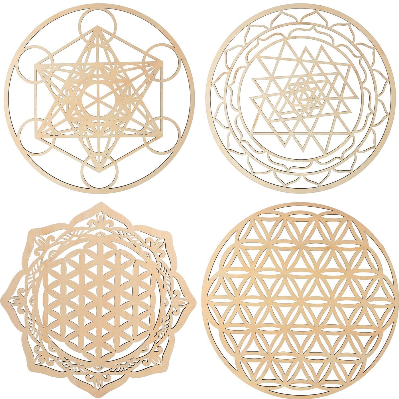 Youyole 4 Pcs 12 Inch Sacred Geometry Wood Wall Art Set Crystal Grid Board Zen Metatron Cube Sri Yantra Flower of Life Mandala Flower of Life Zen Wooden Wall Hanging Decor for Home Room