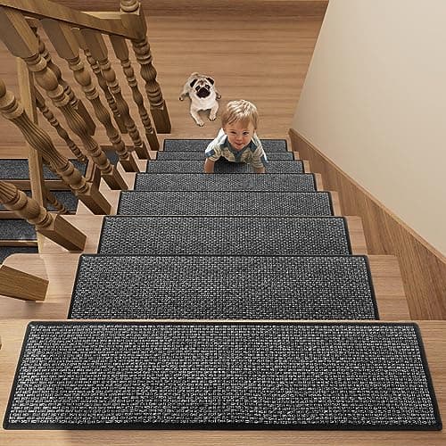 Stair Treads Carpet 7 pcs for Wooden Steps with Non Slip Rubber Backing, 100% Polyester Soft Stairs Resistant Indoor Skid Runner Safety Rugs for Kids Elders and Pets 30" * 8" (Dark Gray)