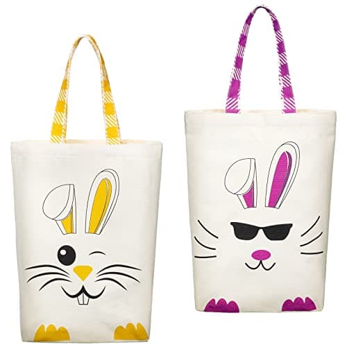 Weewooday 2 Pcs Easter Tote Bags for Kids Easter Canvas Gift Bags Bunny Ears Basket for Boys GirlsPurple Yellow