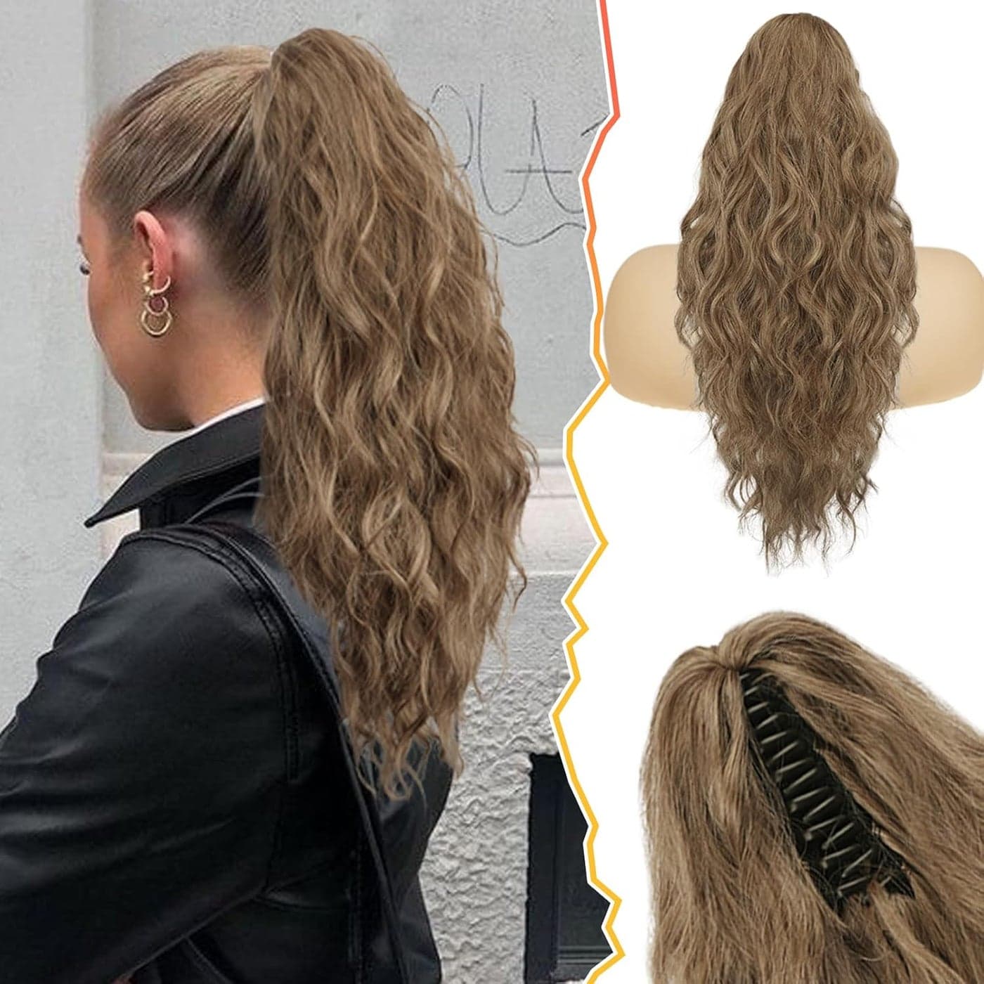 BARSDAR Brown Ponytail Extension 18 Inch Claw Clip Ponytail Extensions for Women Curly Wavy Multi Layered Synthetic Clip In Pony Tails Hairpieces Fake Ponytail Ash Brown Mixed
