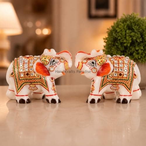 Handicrafts Paradise Marble Elephant Pair with Kundan Work and Golden Finish (2.75 inch)