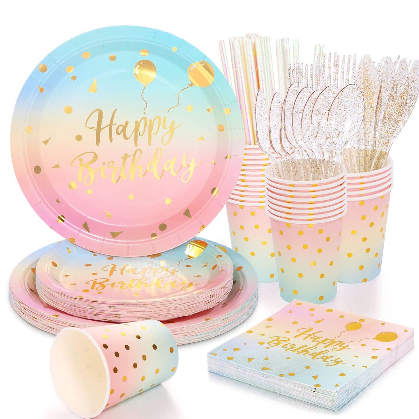 Boocikey 200 Pcs Pastel Party Supplies Birthday Party Plates and Napkins SetsDisposable Pastel Birthday Plates Rainbow Paper Plates Napkins Cups for Birthday Baby Shower Party Decorations