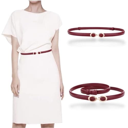 Women's Dress Belt Skinny Slim Soft Genuine Leather Belts Smooth Gold Buckle Adjustable 22"- 36" Waistband, Burgundy