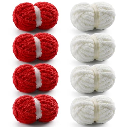8 Pack Chunky Yarn for Hand Knitting - Chunky Chenille Yarn for Crocheting - Fluffy Yarns for Crochet - Jumbo Yarns for Hand Knitting 28.4 Yds 7.7 Oz Per Roll (8, Big Red-Milky White)