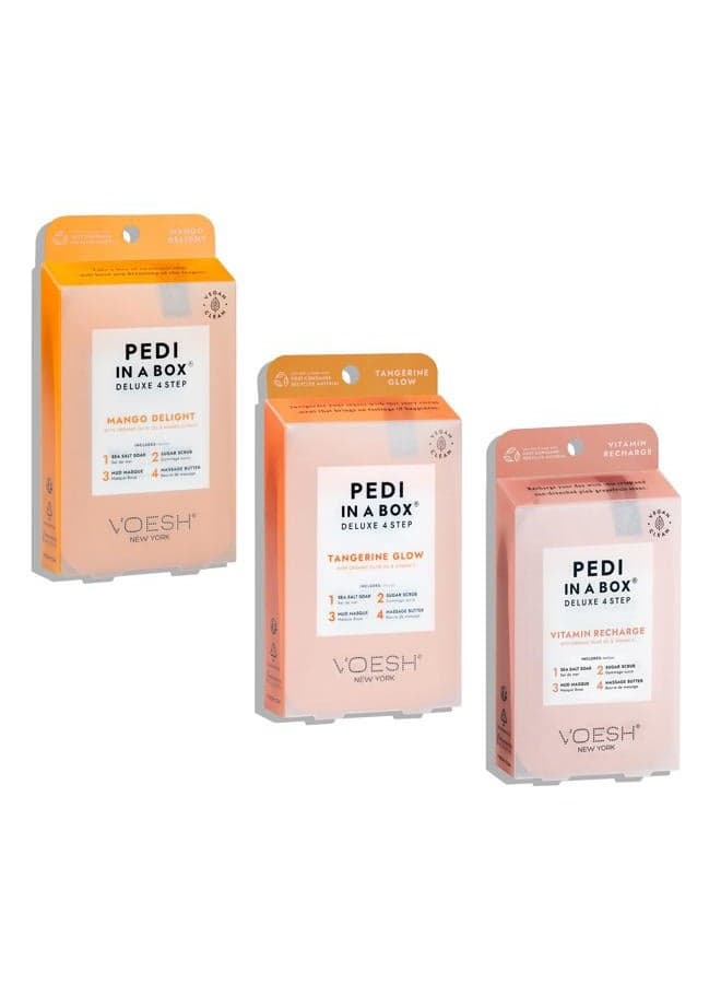 Pedi in a Box 4 Step Fruity Trio - 3 Pack of Mango Delight, Tangerine Twist & Vitamin Recharge Pedis, Home Pedicure, Vegan Foot Care, DIY Pedi