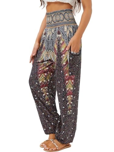 QIANXIZHAN Women's Harem Pants, High Waist Yoga Boho Trousers with Pockets Black Flower S