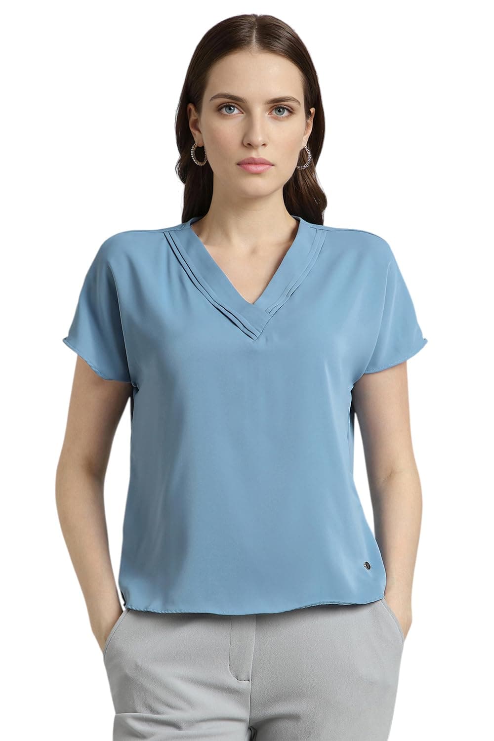 Van Heusen Women Polyester Solid Regular Fit T-Shirt (VWTSURGFL83818_Blue, 2XL