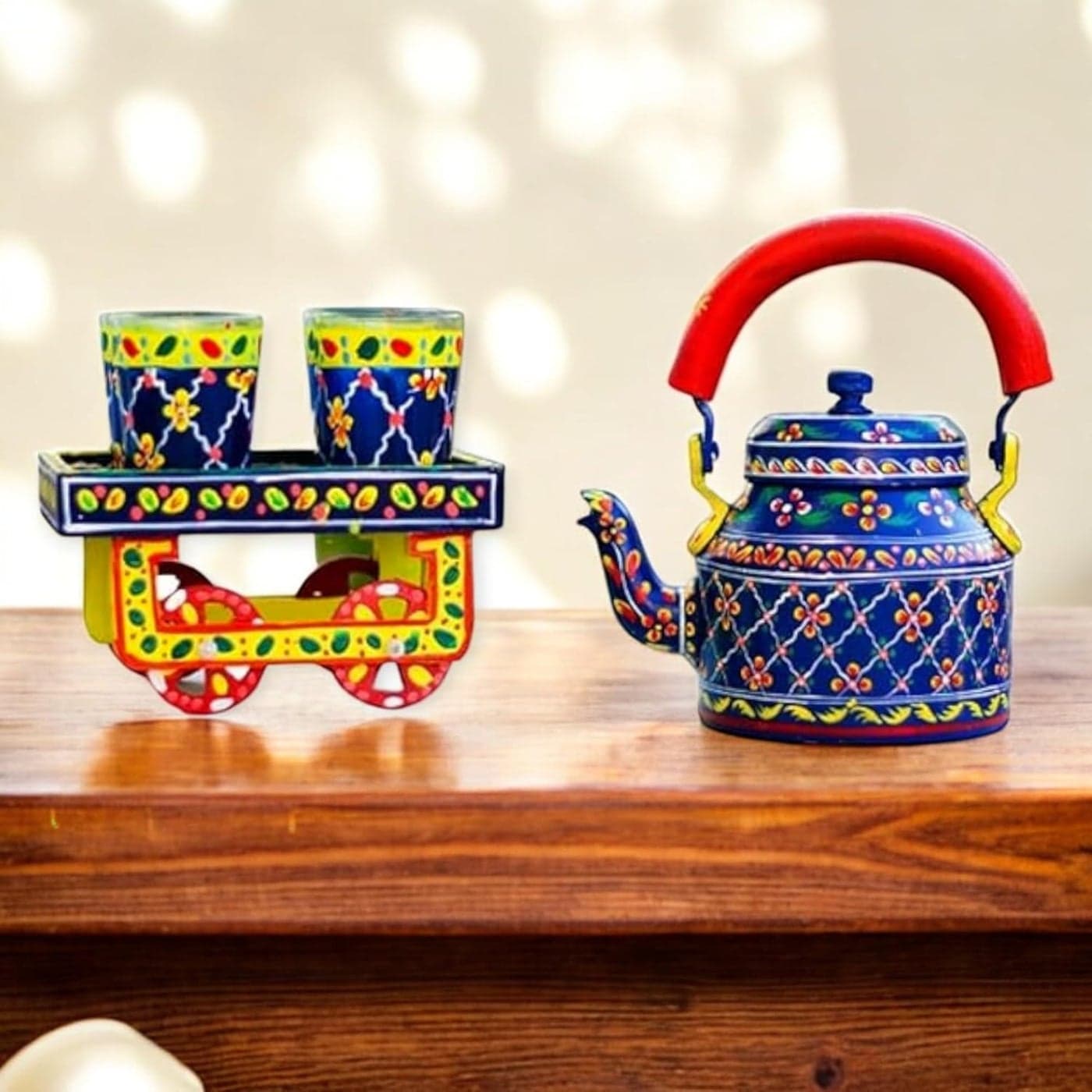 Handicraft junction Aluminium Handpainted Kettle 4 Handpainted Glass Troly Wooden StandNatural Wooden Tray Set of 6 Pieces6 Inch Base 8 Inch Hight 90 ML Glass