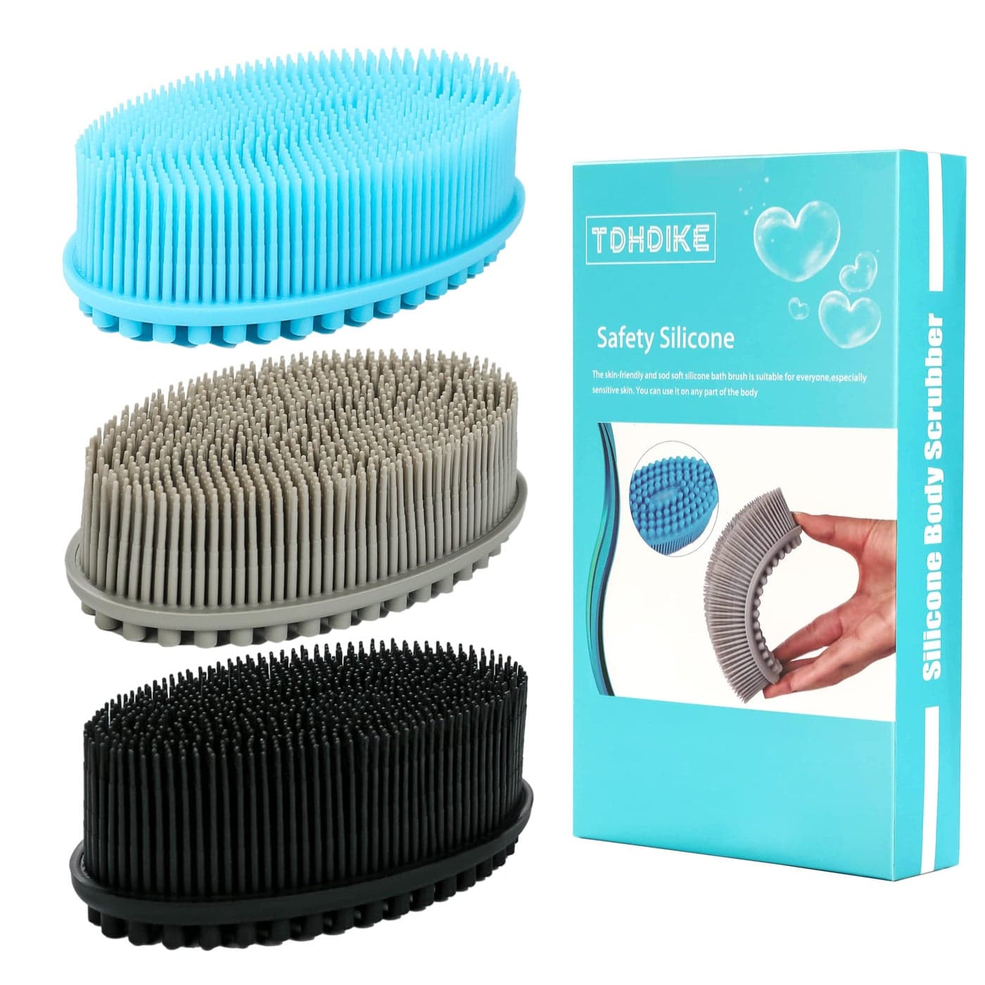 Silicone Body Scrubber Loofah Set of 3 Soft Exfoliating Body Bath Shower Scrubber Loofah Brush for Sensitive Kids Women Men All Kinds of SkinBlackGrayBlue